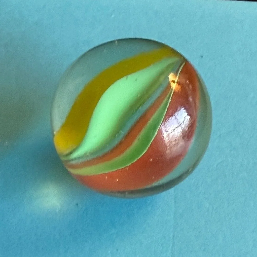 Vintage Clear Base Ribbon Swirl Glass Marble Red Yellow Green Shooter